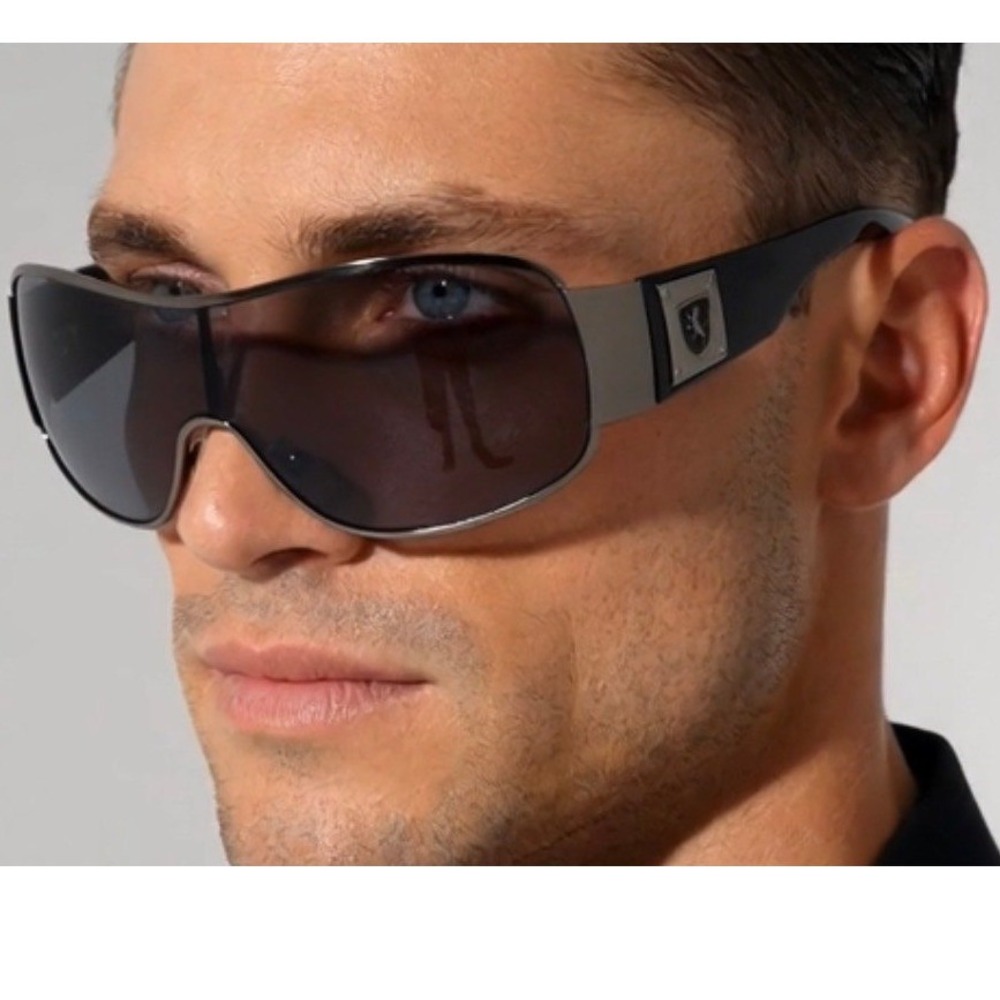 Men Shield Sunglasses Mens Wrap Around Gunmetal Black Sports Activity Shades New
